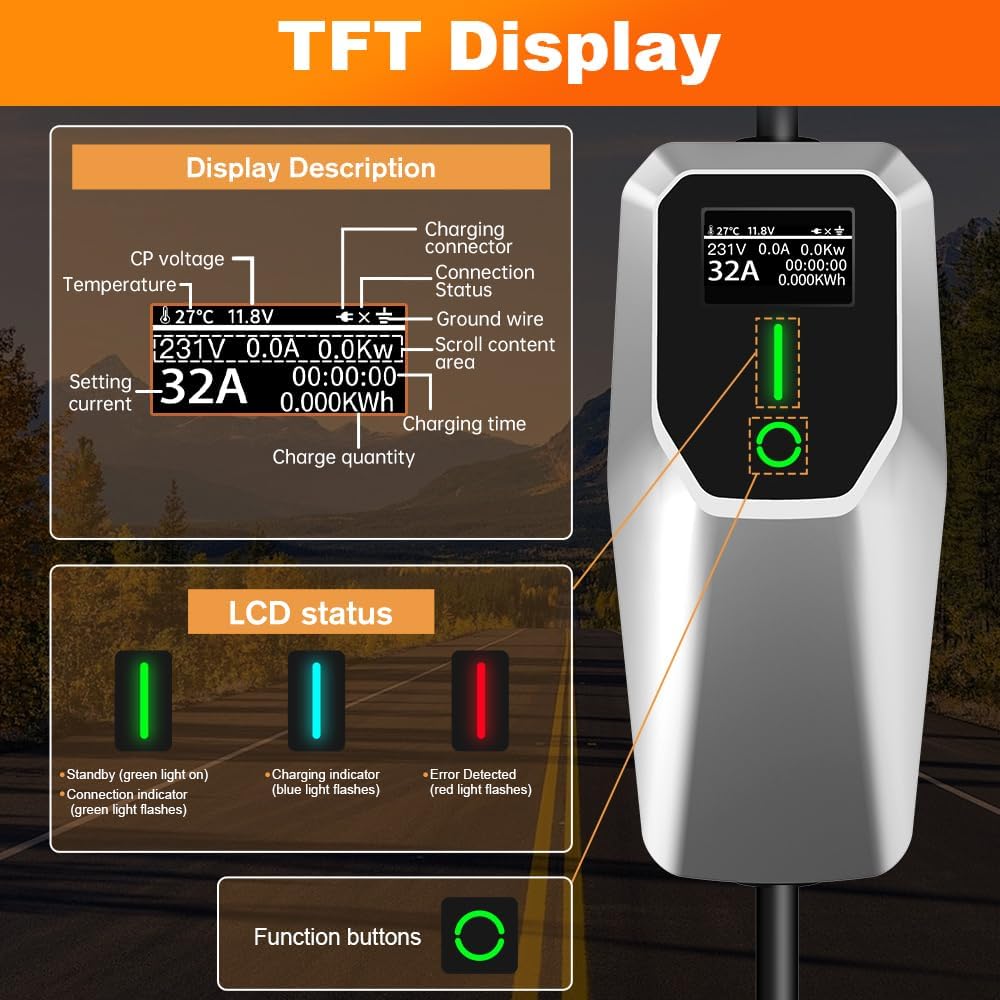 Level 1&2 EV Charger 32Amp 110V-240V with 20FT Cable, Portable Home Charger NEMA 14-50 5-15 Plug for All SAE J1772 Electric Cars