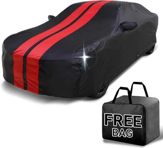 iCarCover Custom Car Cover for Chevy Impala (2000-2020) Waterproof All Weather Rain Snow UV Sun Protector Full Exterior Indoor Outdoor Car Cover (Stripe - Black/Red)
