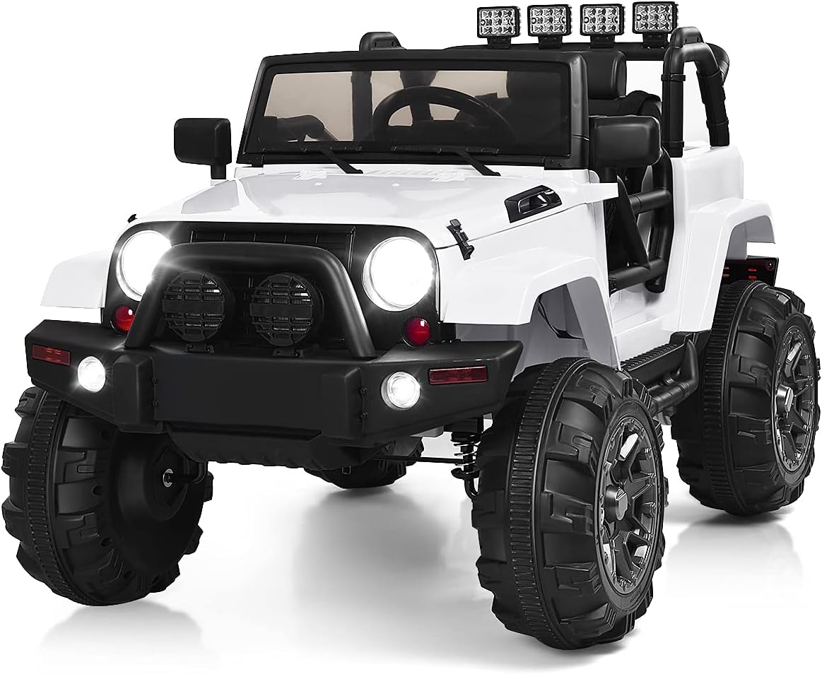 Costzon Ride On Car, 12V Battery Powered Electric Ride On Truck w/Parental Remote Control, LED Lights, Double Doors, Safety Belt, Music, MP3 Player, Spring Suspension (White)