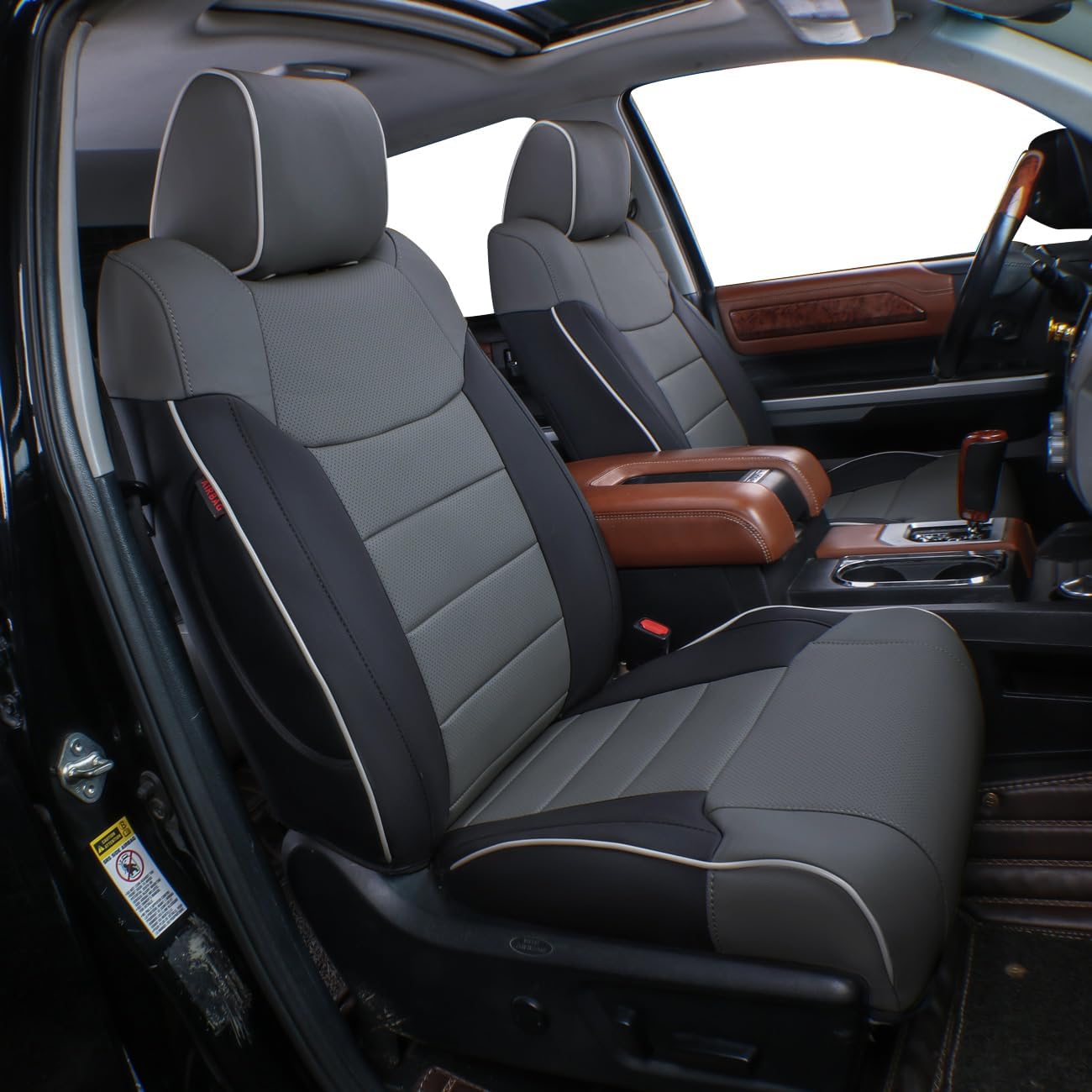 EKR Custom Fit Tacoma Leather Car Seat Covers for Select Toyota Tacoma 2012 2013 2014 2015 (Regular Seats)- Full Set, Leathere (Black/Gray)