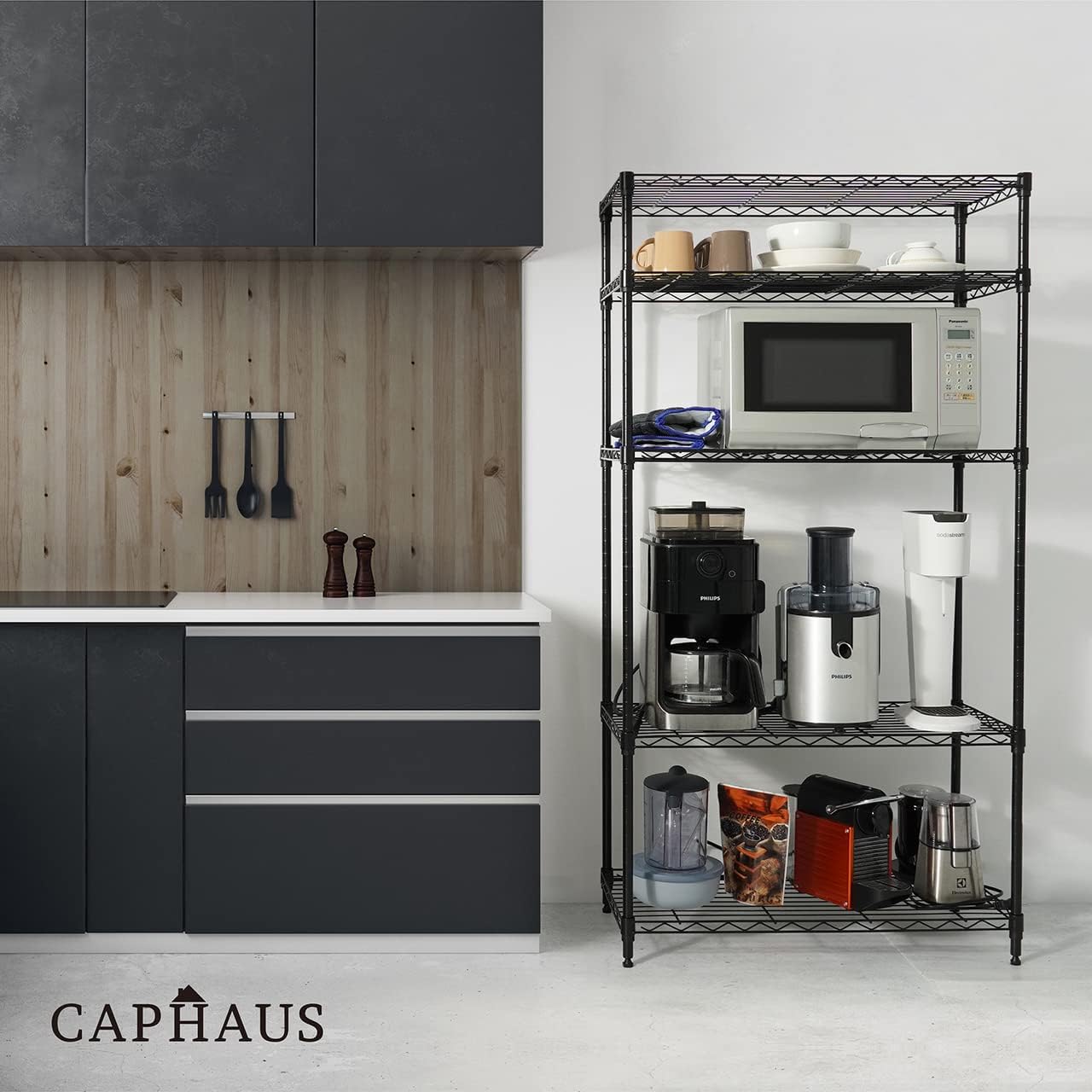 CAPHAUS 3/4/5-Tier Adjustable Height Wire Shelving Unit, Wire Rack Shelving, Metal Steel Storage Shelves, Garage Shelving Storage Organizer, Utility Storage Shelf, 5-Tier Without Wheels, Black