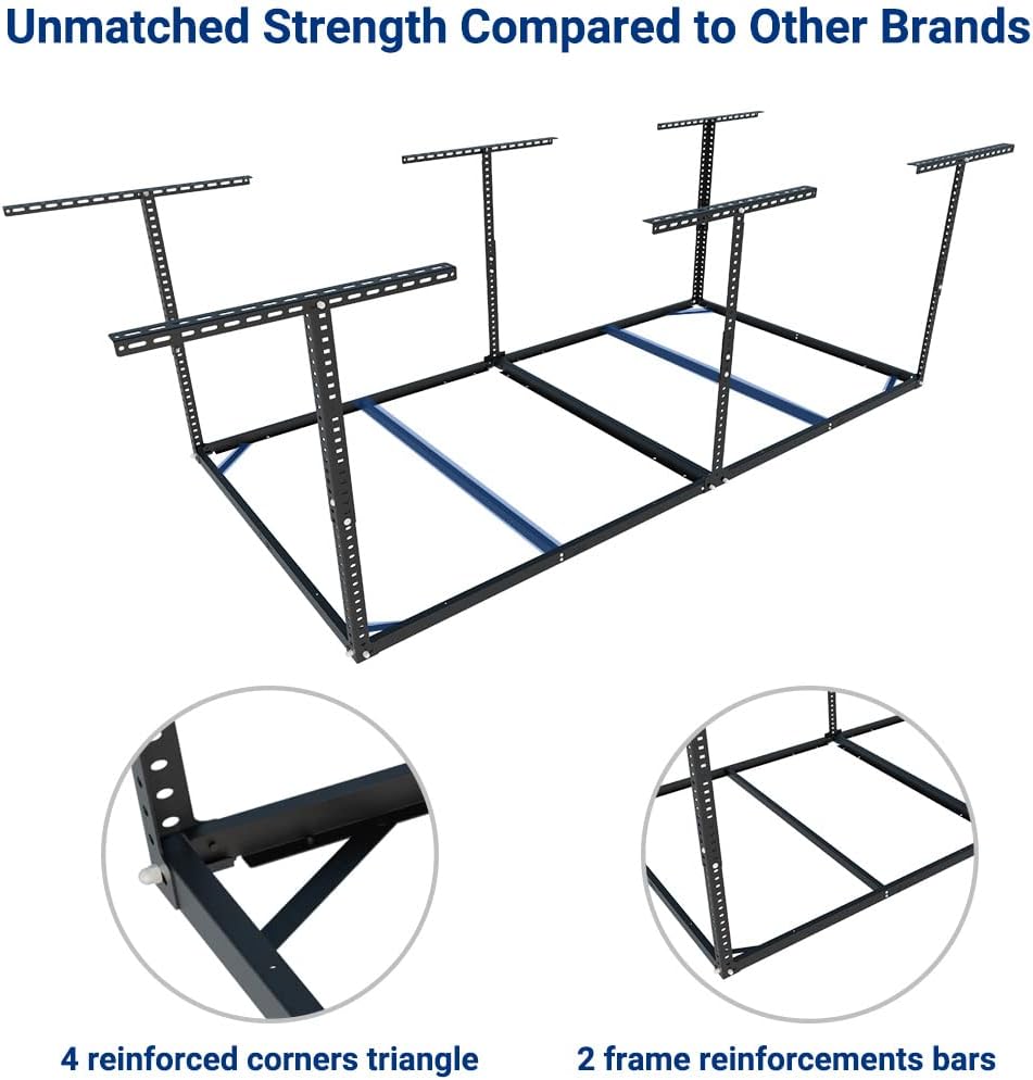 FLEXIMOUNTS 4x8 Overhead Garage Storage Rack without Decking, Storage Organization System, Heavy Duty Metal Garage Ceiling Racks, 600lbs Weight Capacity, Black