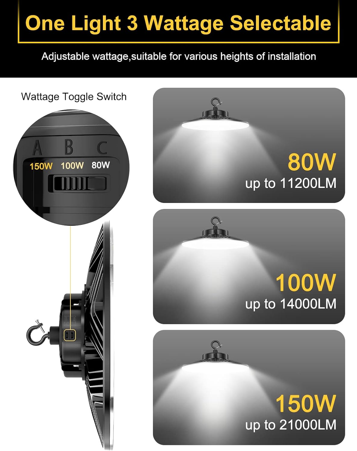 UFO LED High Bay Light, 150W/100W/80W Adjustable, 3000K/4000K/5000K Adjustable, UL & DLC Listed 21000LM 0-10V Dimmable IP65 Waterproof High Bay Lights AC100-277V for Warehouse Factory