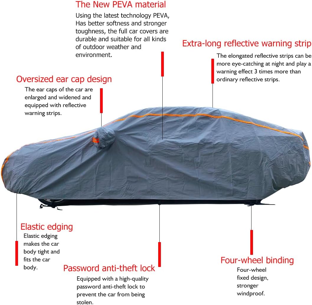 KEYOOG Universal Waterproof Heavy Weight Full Car Covers, Fit Sedan, All Weather, Outdoor Full Cover Weatherproof UV Sun Protection Snow Dust Storm Resistant with PEVA Cotton, for Cars Up to 208"