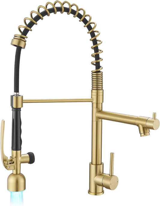 Fapully Single Handle High Arc Brushed Gold Pull Down Kitchen Faucet LED,Single Level Kitchen Sink Faucets with Pull Down Sprayer