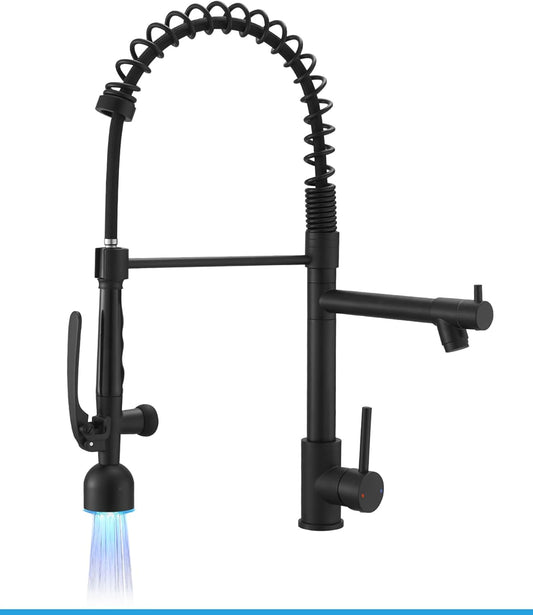 Fapully Black Kitchen Faucet with Pull Down Sprayer,Commercial LED Kitchen Faucet,Single Handle Single Hole Kitchen Sink Faucets