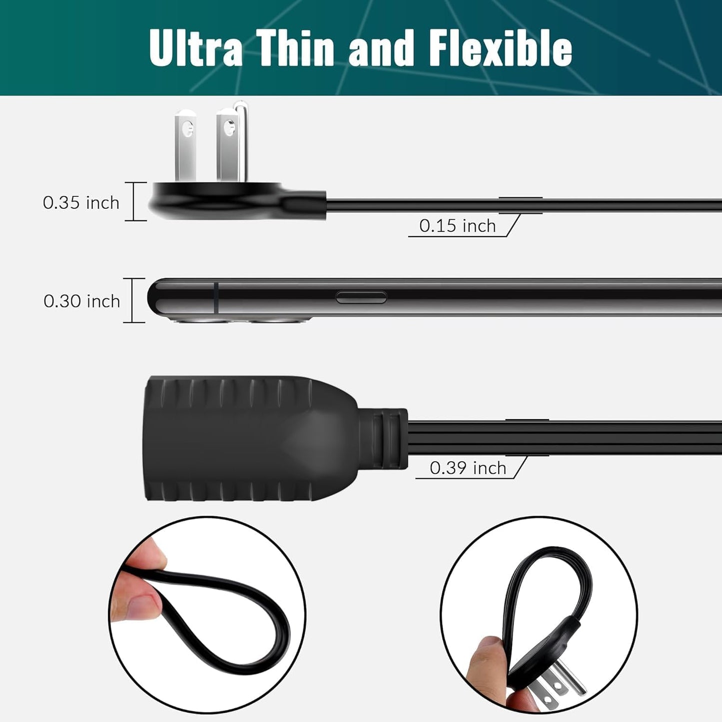 Elecan Flat Plug Extension Cord 6 Ft 2 Pack with Slim Space-Saving Plug Design, Thin Flat Cable Low Profile Power Cord 3 Prong Grounded Wire, 16 Gauge 13 A/125 V-Black-ETL Certified