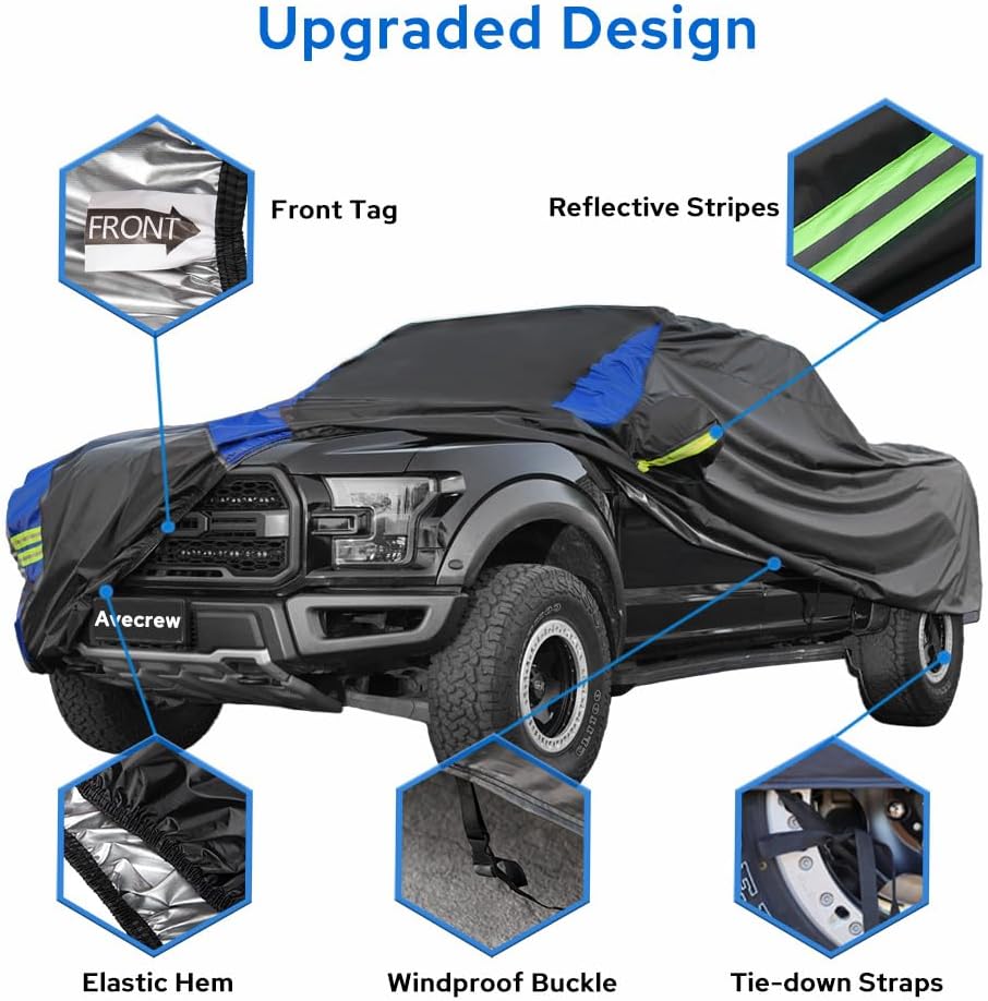Avecrew Truck Cover Waterproof, All Weather for Truck Cover for Automobiles, Pickup Truck Cover Rain Snow UV Dust Protection(230""-242""), Black-Blue, RZ-21-PXL