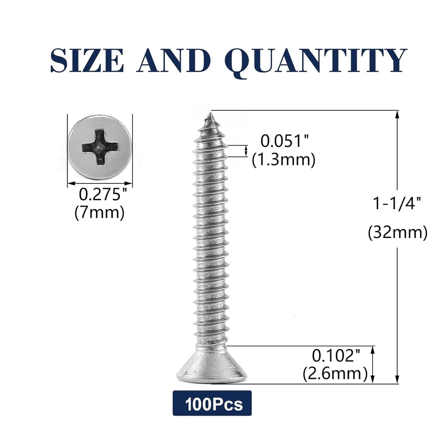 #6 x 1-1/4" Wood Screw 100Pcs 18-8 (304) Stainless Steel Screws Flat Head Phillips Fast Self Tapping Drywall Screws by SG TZH