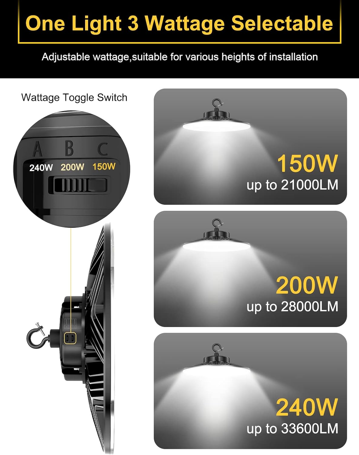 UFO LED High Bay Light, 240W/200W/150W Adjustable, UL & DLC Listed 5000K/4000K/3000K Adjustable, 33600LM 0-10V Dimmable IP65 Waterproof High Bay Lights AC100-277V for Warehouse Factory(3 Pack)
