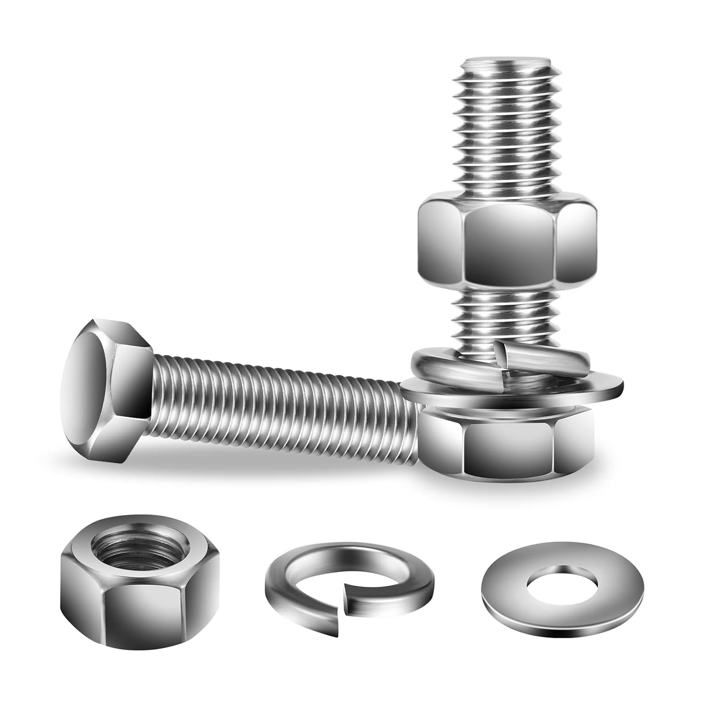 1/4-20 x 1-1/2" Hex Head Screw Bolt, Nuts, Flat & Lock Washers, 10Pcs 18-8 (304) Stainless Steel, Fully Threaded, by SG TZH