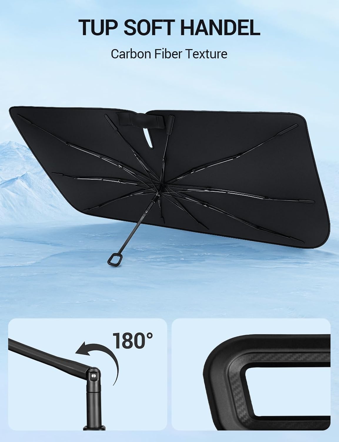Proadsy Windshield Sun Shade Umbrella for Volvo XC60 2018-2025 2026 Foldable Car Umbrella Sunshade with Soft TPU Handle Spring Structure Crystal Cooling Material Protect Car from Rays & Heat
