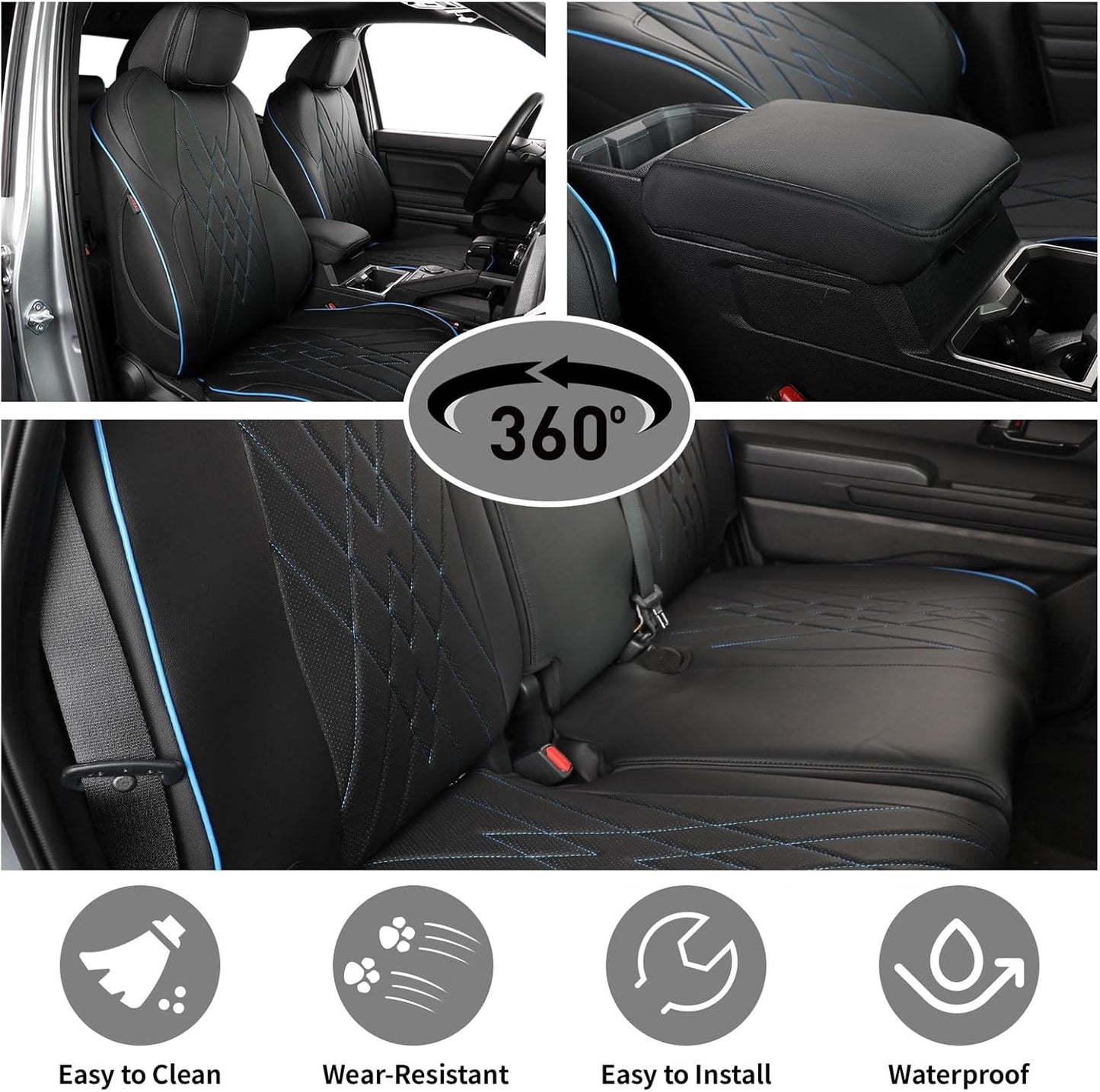 EKR Tacoma Car Seat Covers Custom for Select Toyota Tacoma (Only for Hybrid) 2024 2025 Double cab TRD Sport,TRD Off-Road,Limited,Trailhunter -Full Set,Leather (Black with Blue Trim)