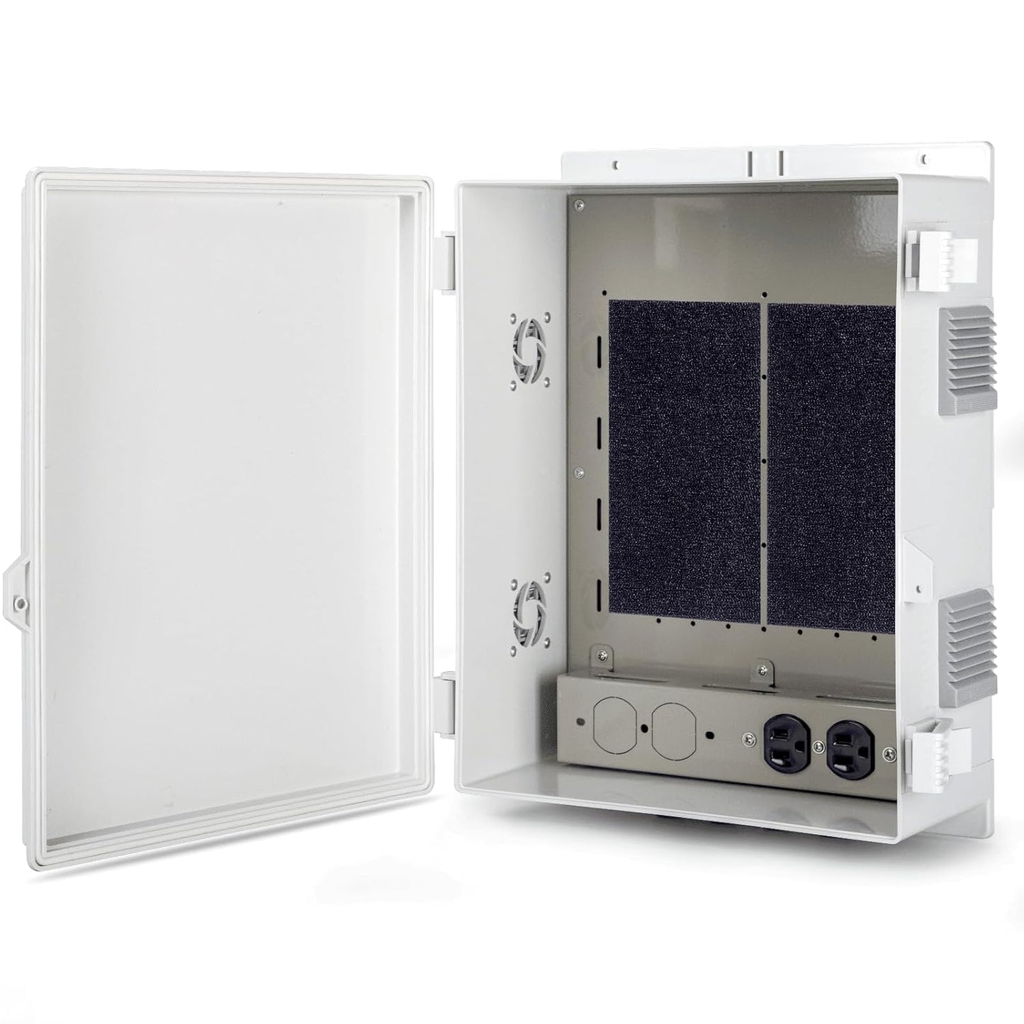 Outdoor Electrical Junction Box with High Power Outlet, 16" H* 12" L* 5.9" W, ABS Water Resistant Enclosure with Internal Mounting Panel & Hinged Cover.