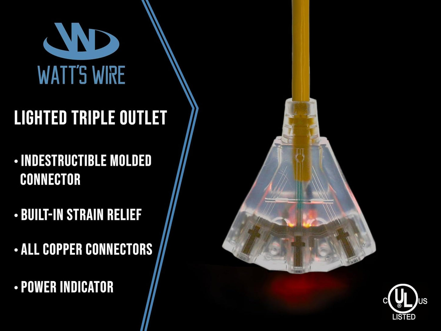 2 ft - 12 Gauge Heavy Duty Extension Cord - 3 Outlet Lighted SJTW - Indoor/Outdoor Extension_Cord by Watt's Wire - 2' 12-Gauge Grounded 15 Amp ExtensionCord Splitter