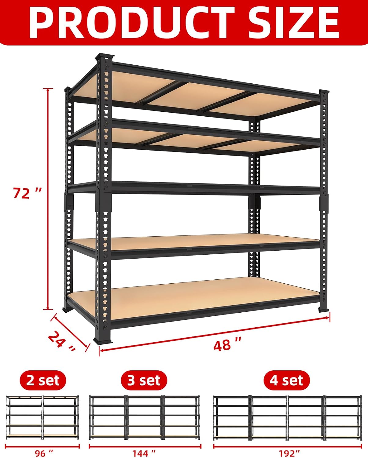 PrimeZone Heavy Duty Garage Storage Shelves - 48" W X 24" D X 72" H Adjustable Metal Shelving Unit, 5 Tier Industrial Shelves for Storage Standing Utility Rack for Warehouse, Pantry, Basement, Black