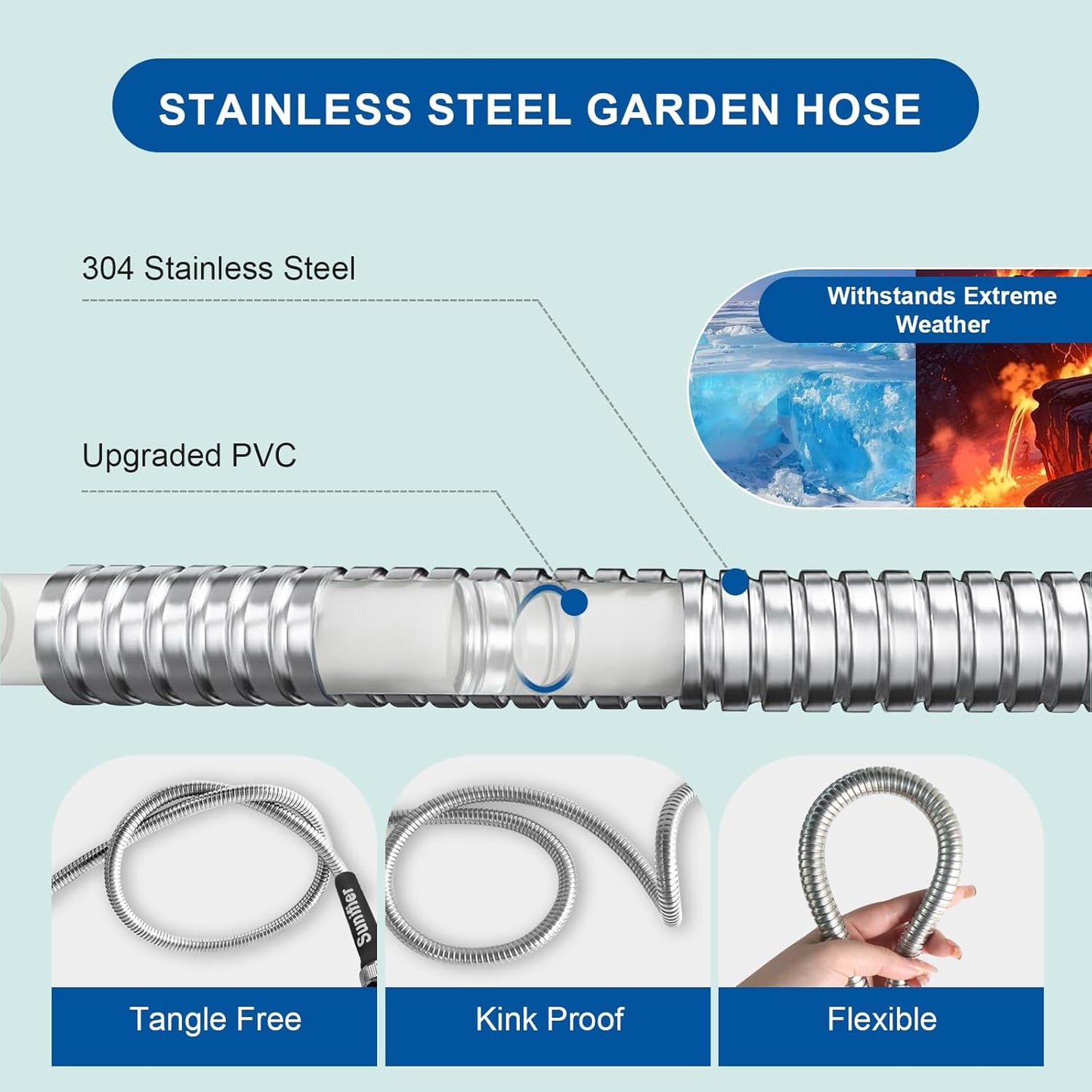 Metal Garden Hose 100 Ft Flexible Stainless Steel Garden Hose 100 Foot Heavy Duty Water Hose With High Pressure Hose Nozzle Sprayer for Garden, Lawn(100 Feet)