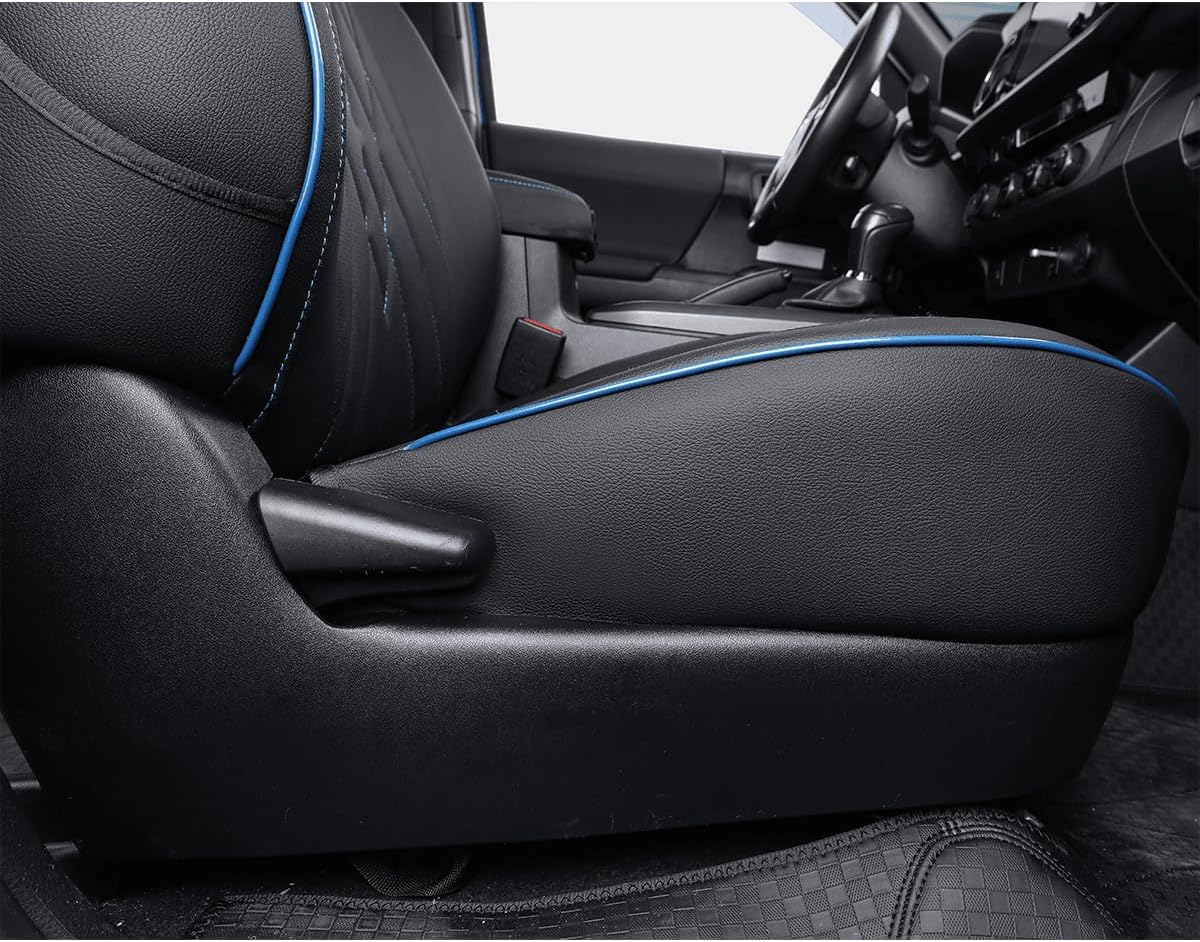 EKR Custom Fit Tacoma Rear Car Seat Covers for Select Toyota Tacoma (Petrol) 2024 2025 Double cab SR,SR5,TRD Sport,TRD Off-Road,Limited - Second Row Only,Leather (Black with Blue Trim)