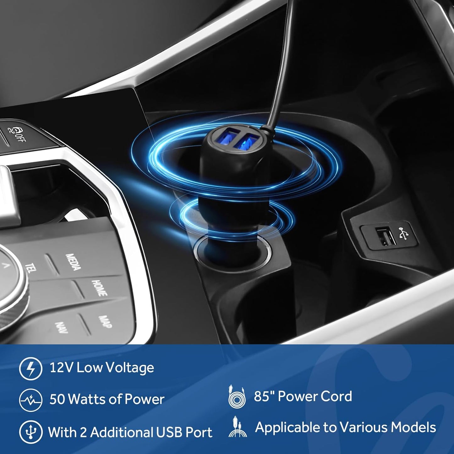 Sealy 12-Volt Heated Car Blanket with 2 USB Output Ports, 3 Heating Levels & 4 Hours Auto Off, Electric Blanket for Car, Truck, SUV, RV or Camping, Machine Washable, 59" X 43", Navy