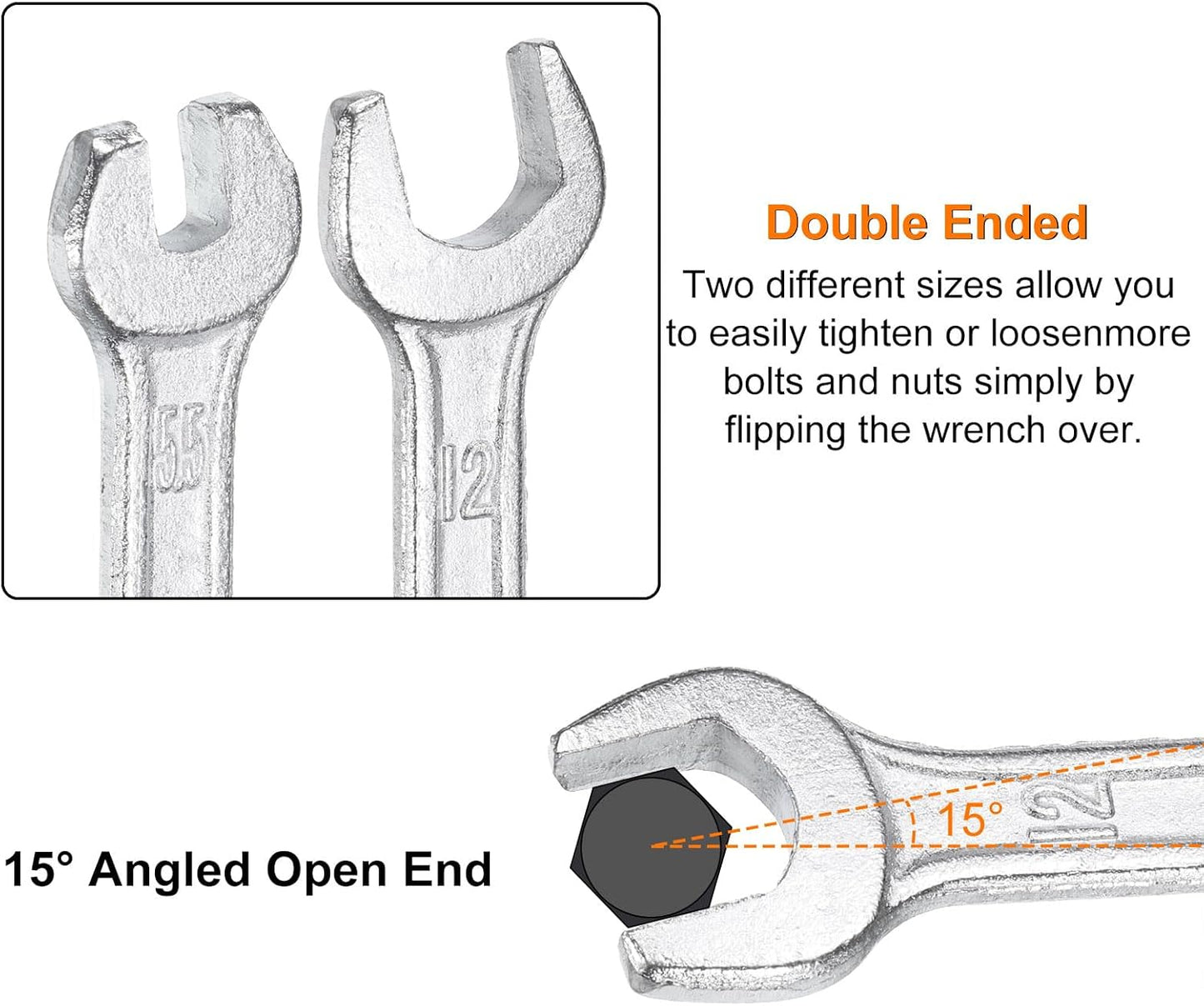 HARFINGTON 5pcs Double Open End Wrench 14mm x 15mm Metric 15 Degree Offset Angle Small Flat Head Wrench Galvanizing Open Ended Spanner for Automotive Repair Furniture Assembly