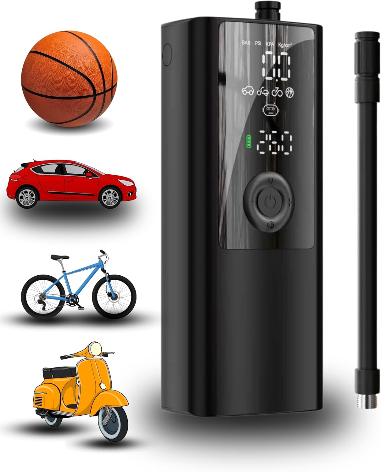 Electric Air Pump - for Bikes, Balls, Motorcycles, Cars & More - with Digital Pressure Gauge, LED Light, Auto Shut-Off - Hi-Reliable Compact Cordless Inflator