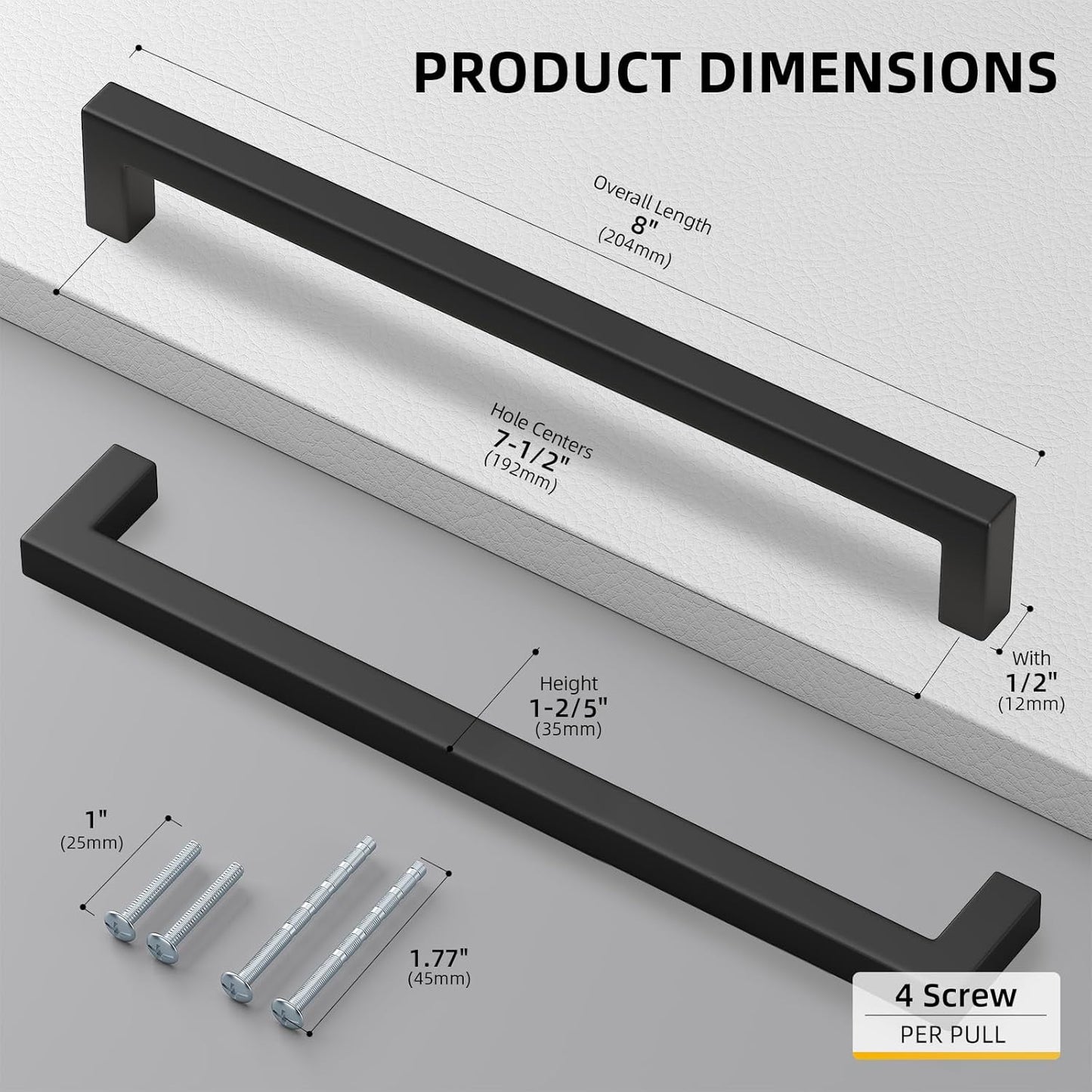 Goldenwarm 1 Pack Black Square Bar Cabinet Pull Drawer Handle Stainless Steel Modern Hardware for Kitchen and Bathroom Cabinets Cupboard,Center to Center 7-1/2in(192mm)
