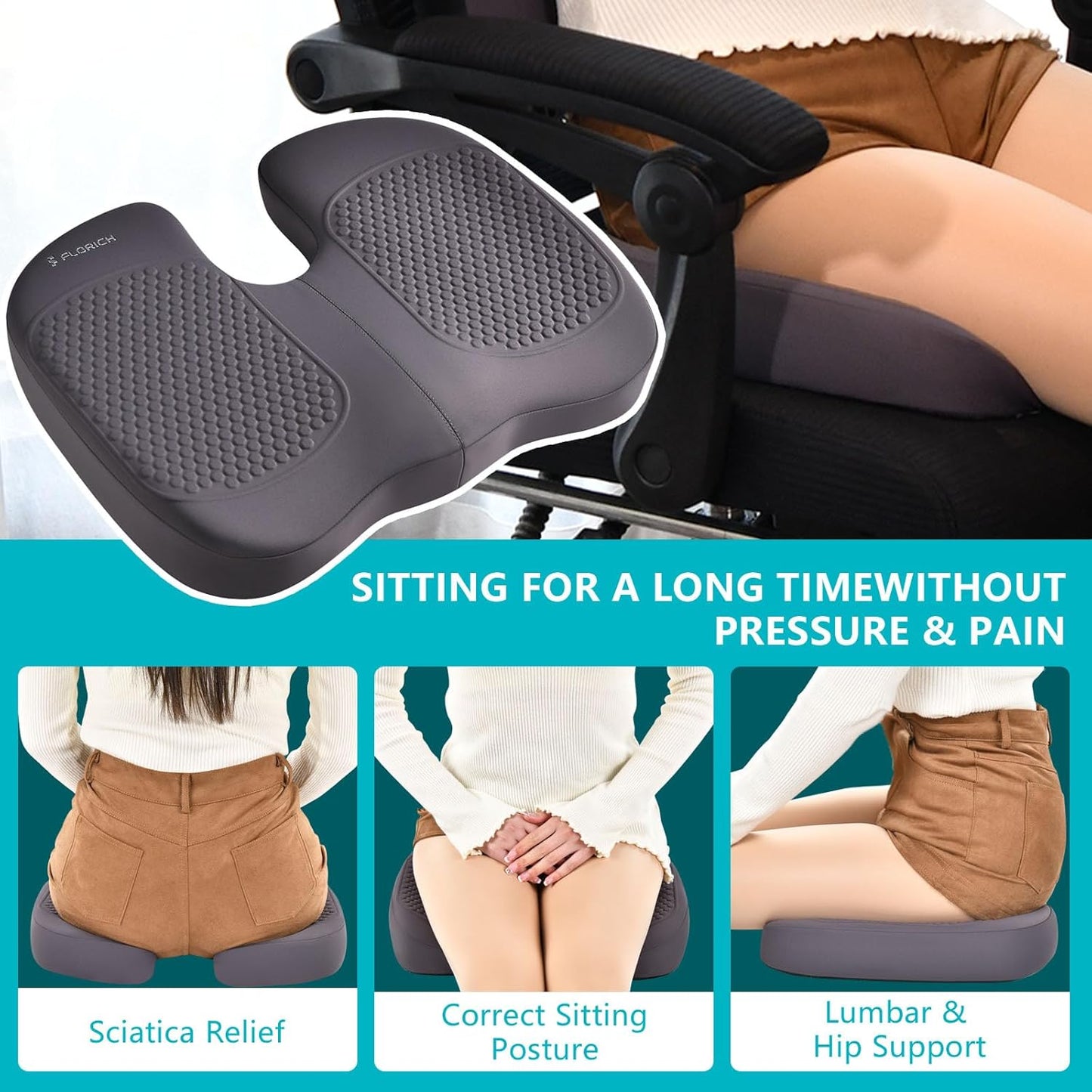 FLORICH Car Seat Cushion and Back Support for Office Chair Memory Foam Chair Cushions Pressure Relief Seat Pads with Gel Massage Point Lumbar Support Relief Sciatica & Tailbone (Grey)