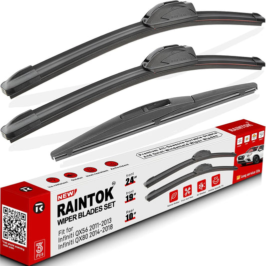 Windshield Wiper Blade Set Replacement for 2011-2013 Infiniti QX56/2014-2018 Infiniti QX80 and Rear Windshield Wiper Blade-24"/19"/10" (Set of 3) U/J HOOK