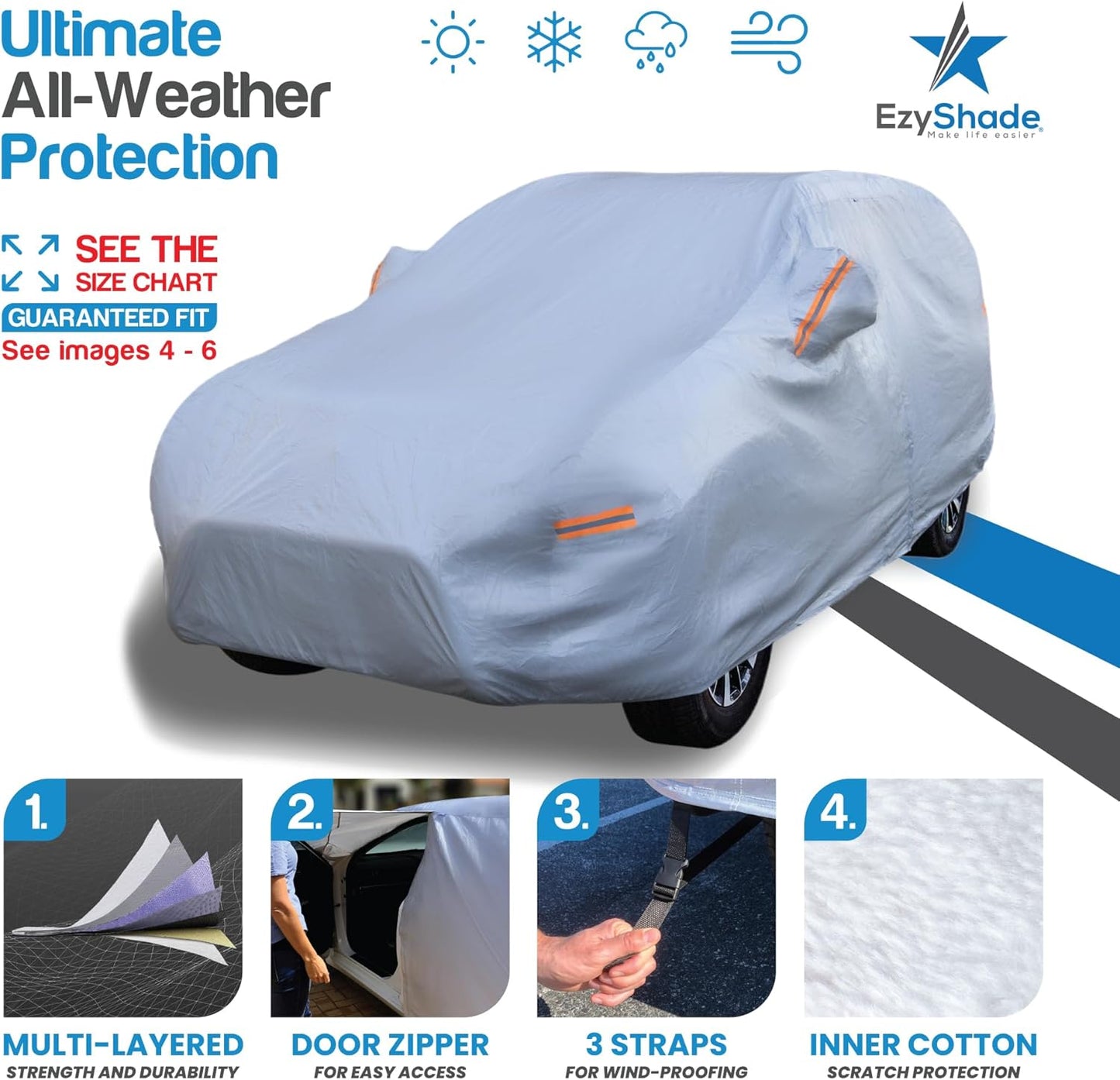 EzyShade 10-Layer SUV Car Cover Waterproof All Weather. See Vehicle Size-Chart for Accurate Fit. Outdoor Full Exterior Covers for Automobiles Heavy Duty Tarp Jeep Rav4 CRV. Size S2 (See SizeChart)