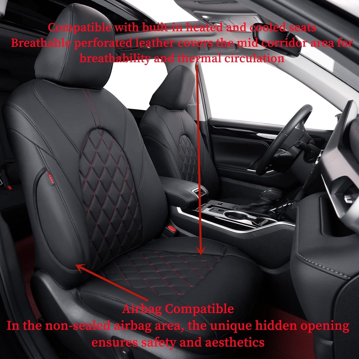 coverdream Custom Seat Covers Compatible with Select Toyota Camry Hybrid XLE,Hybrid XSE 2018 2019 2020 2021 2022 2023 Models - Leatherette (Black/Red,Full Set)