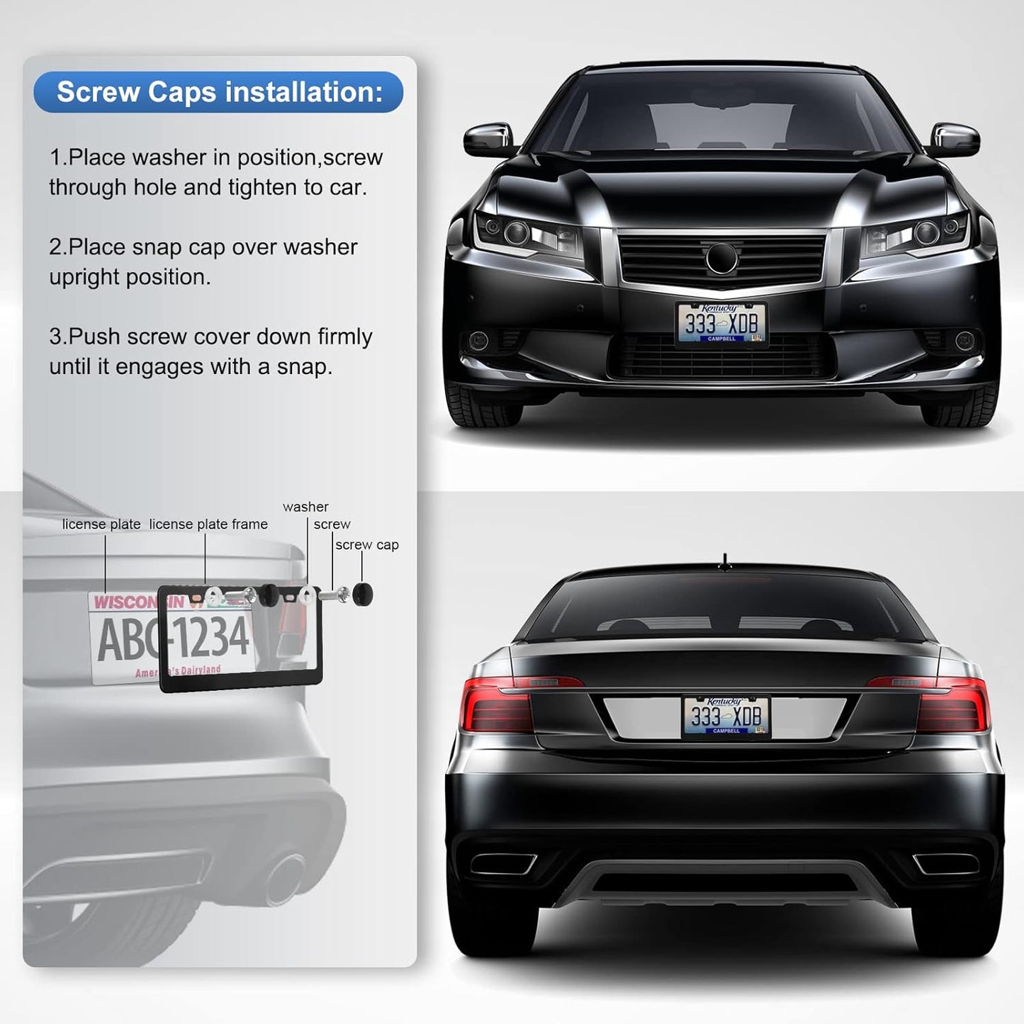 2 Pack License Plate Frames, Stainless Steel Car License Plate Cover Car Accessories with Screw Caps (Black)