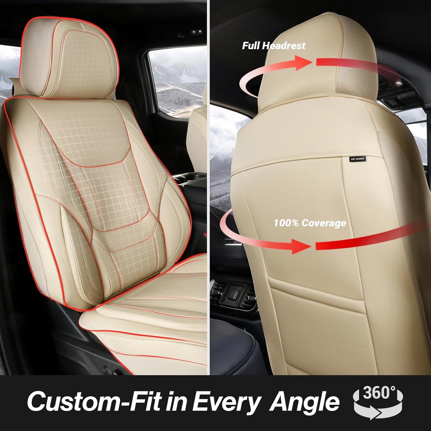 Coverland Custom Car Seat Covers Compatible with Ram 1500, Tacoma - Premium Leather Non-Slip Memory Foam Waterproof Cover Custom Fit Interior Protector Front Seat-Beige [See Size Chart-Size A49]