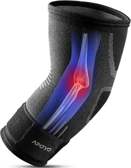 APOYO Elbow Brace for Tendonitis and Tennis Elbow, Elbow Compression Sleeve, Tennis Elbow Brace for Women and Men w/ Adjustable Strap for Tennis Elbow Relief, Weightlifting, Arthritis, Workouts,