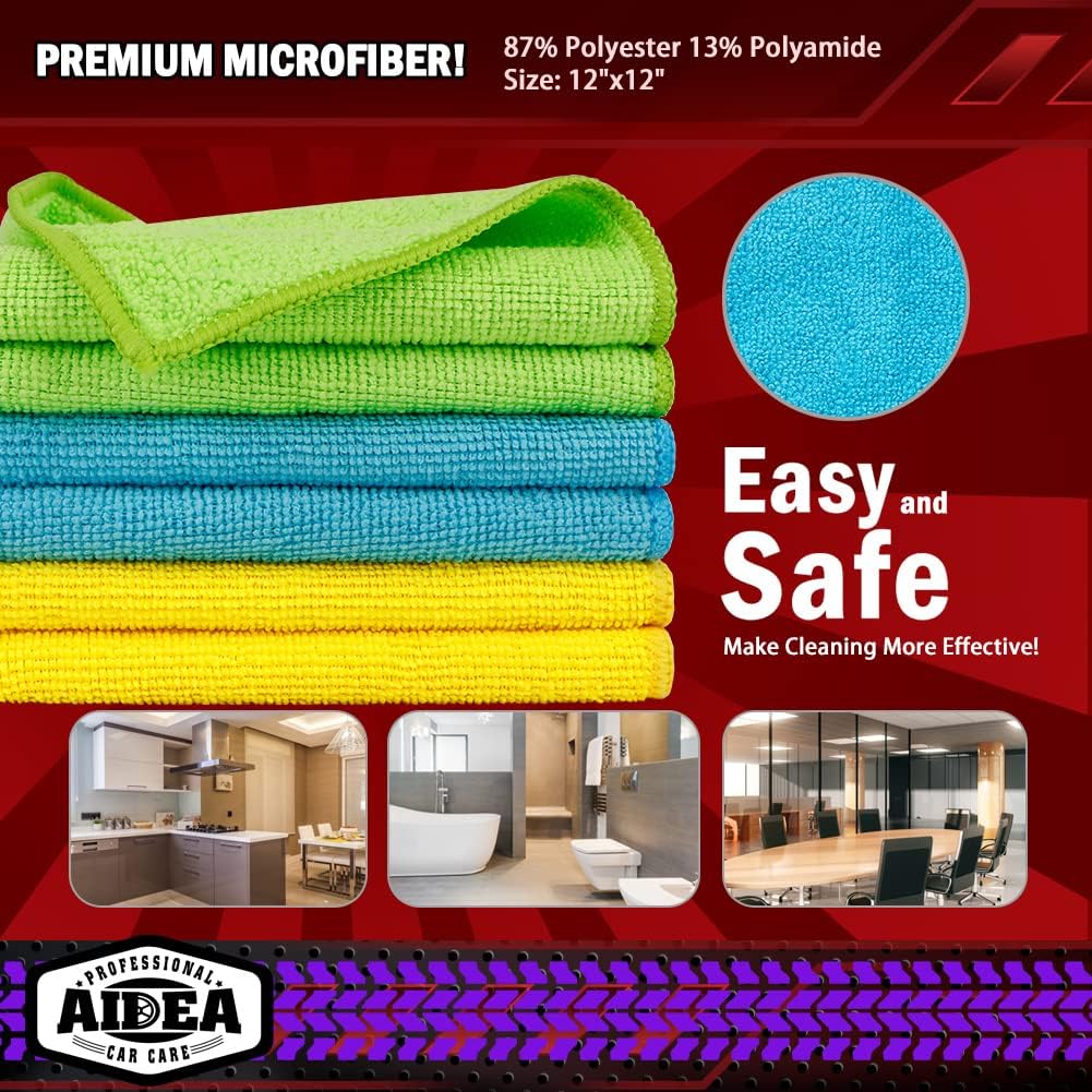 AIDEA Microfiber Car Cloths - 50 Pack Premium Absorbent Cleaning Towels for Cars, SUVs, House, Kitchen, Window, Gifts (12in x 12in)