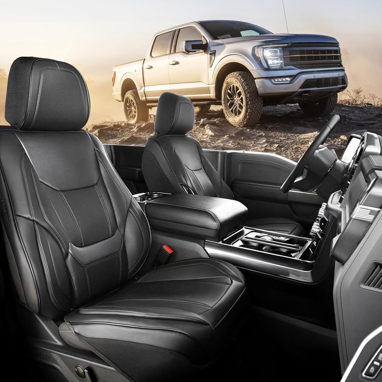 Coverland Custom Car Seat Covers Compatible with Colorado, Ram 1500, Canyon, Sierra 1500 - Premium Leather Non-Slip Waterproof Interior Protector Front Seat-Black [See Size Chart-Size A11]
