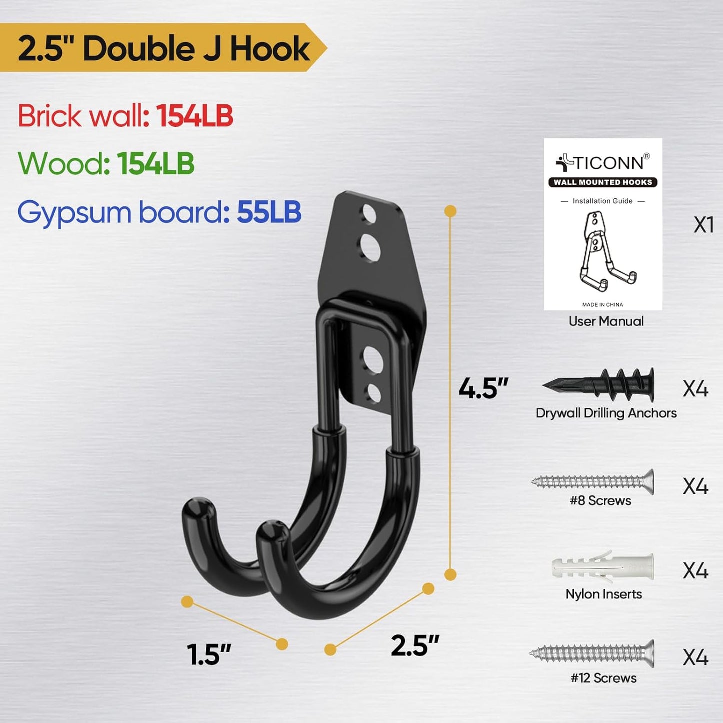 TICONN 2 Pack Heavy Duty Garage Hooks, Steel Utility Wall Storage Hooks, Wall Mount Hanger Organizer for Ladders, Bikes, Tools, Bulky Items (Small, Yellow Circular)