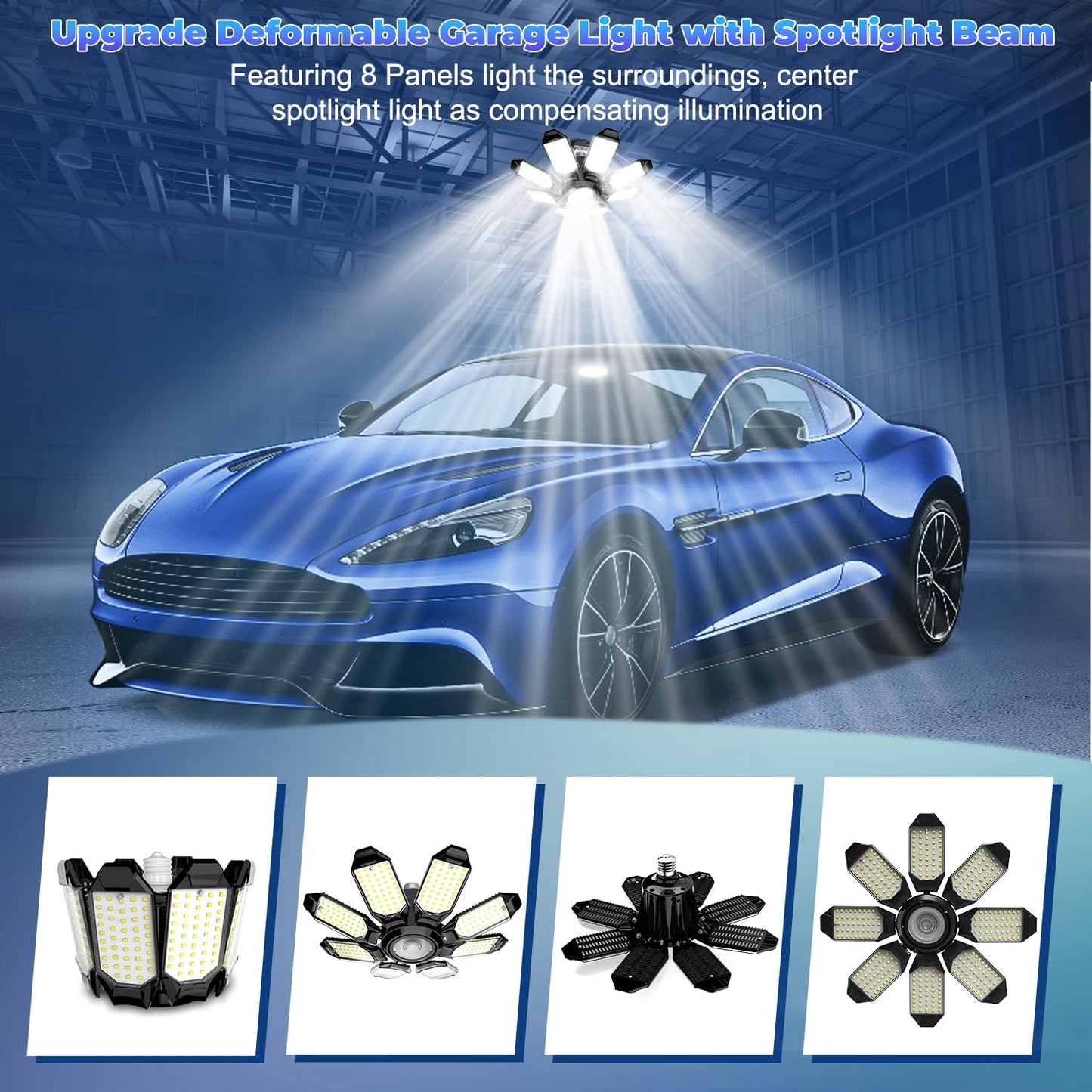 LED Garage Light - 2Pack Bright 50000LM Garage Lights Ceiling Led w/ 8 Deformable Panels 6500K Led Light Bulb Srew in E26/E27 Socket with Adjustable Center Spotlight for Barn Workshop Attic