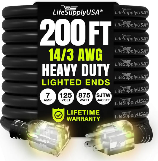 200ft Outdoor/Indoor Extension Cord 14/3 Gauge Heavy Duty 3 Prong SJTW, Waterproof, Flexible Cold-Resistant Long Power Cord,125 Amp 875W, Black by LifeSupplyUSA