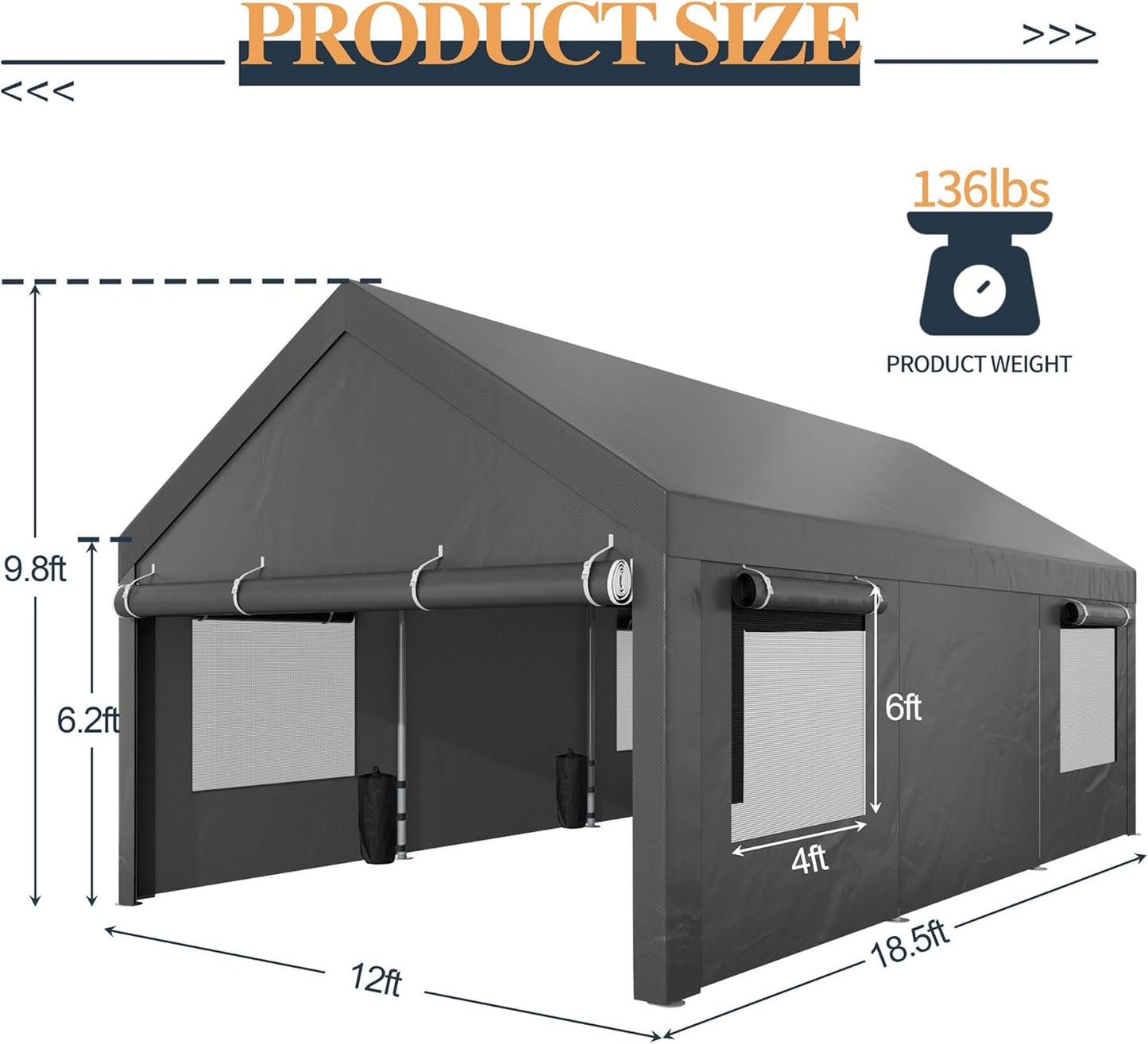 Shintenchi Carport 12' x 20' Heavy Duty Portable Garage, Car Port Canopy with Side-Opening Removable Door & Roll-Up Windows, Car Canopy for Truck,Car,Boat,Motorcycle,Grey