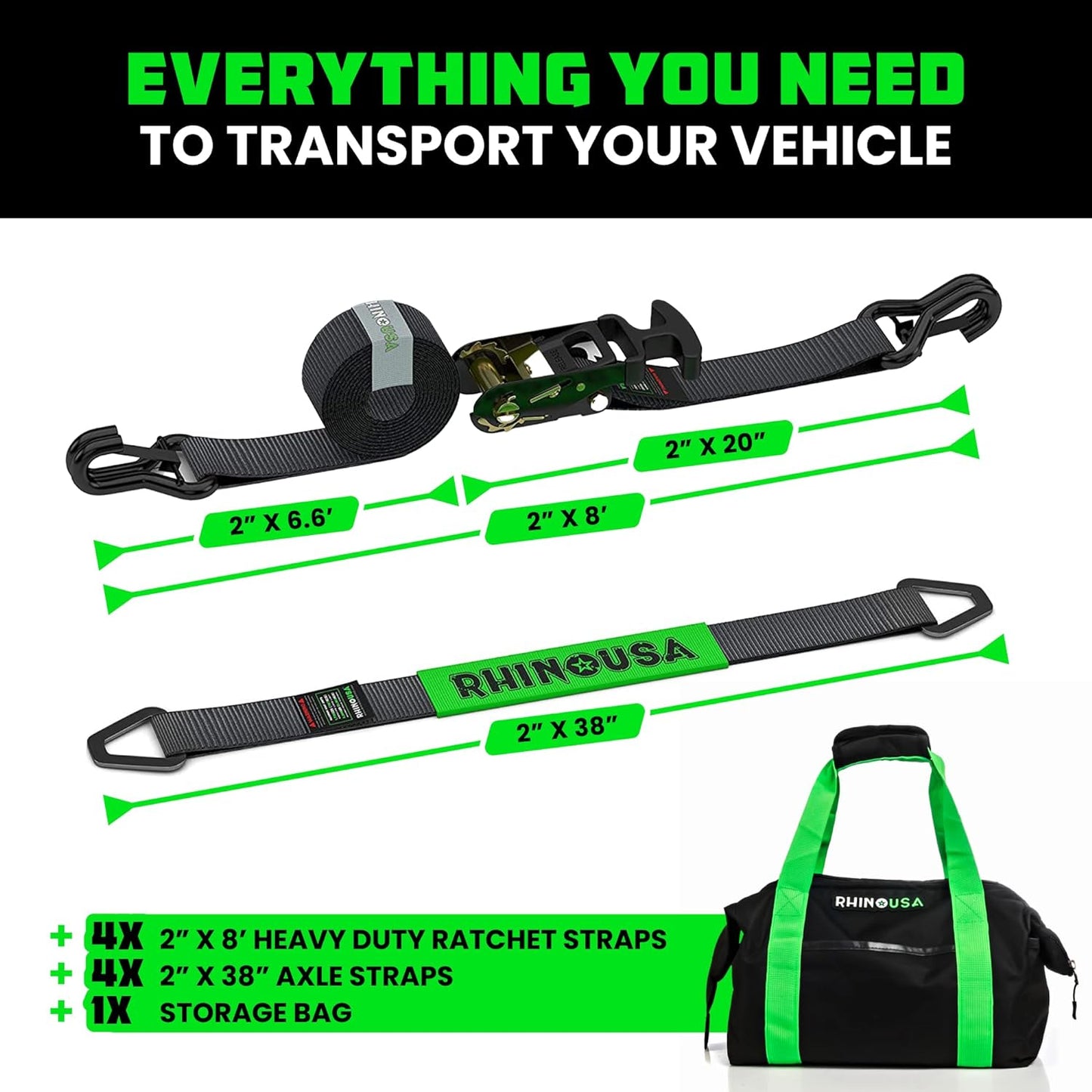 Rhino USA Car Tie Down Straps for Trailers with J Hooks (4-Pack) – 2" x8' (10,000lb Break Strength) – Heavy Duty Car Hauler Tire Straps with Axle Straps for UTV, Powersports & More – Black