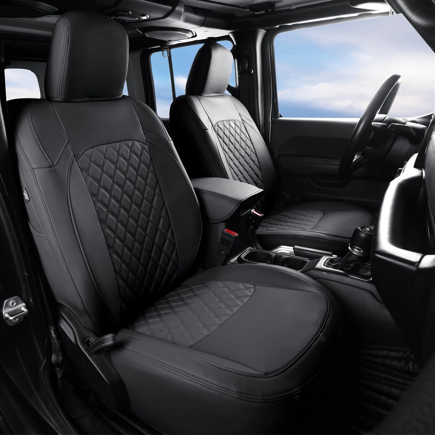 GIANT PANDA Customized Front Car Seat Covers for Jeep Wrangler 2/4 Door JL Sahara Sport Rubicon Unlimited Willys 4xe 2018 2019 2020 2021 2022 2023 2024 2025,Faux Leather - (Black)