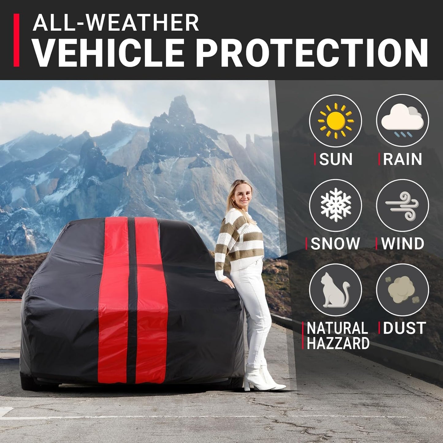iCarCover Custom Car Cover for 1968-1982 Chevy Corvette C3 Waterproof All Weather Rain Snow UV Sun Protector Full Exterior Indoor Outdoor Car Cover (Stripe - Black/Red)