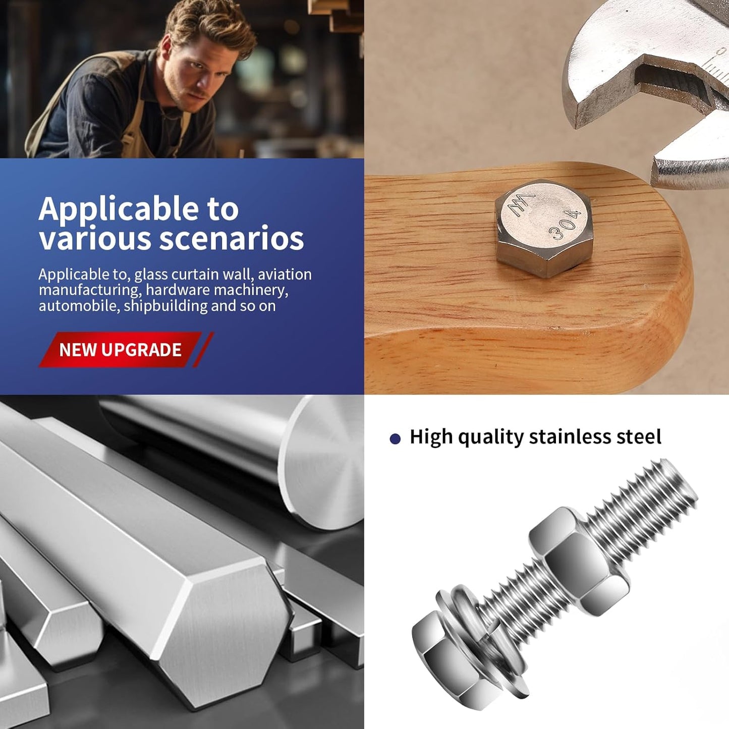 3/8-16 x 1-1/2" Hex Head Screw Bolt, Nuts, Flat & Lock Washers, 10Pcs 18-8 (304) Stainless Steel, Fully Threaded, by SG TZH