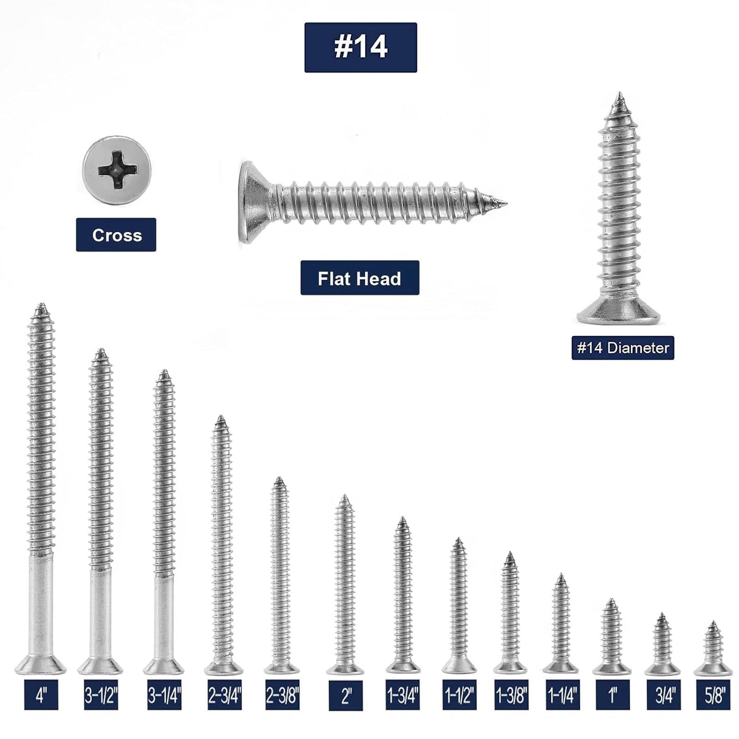#14 x 1 Wood Screw 100Pcs 18-8 (304) Stainless Steel Screws Flat Head Phillips Fast Self Tapping Drywall Screws by SG TZH