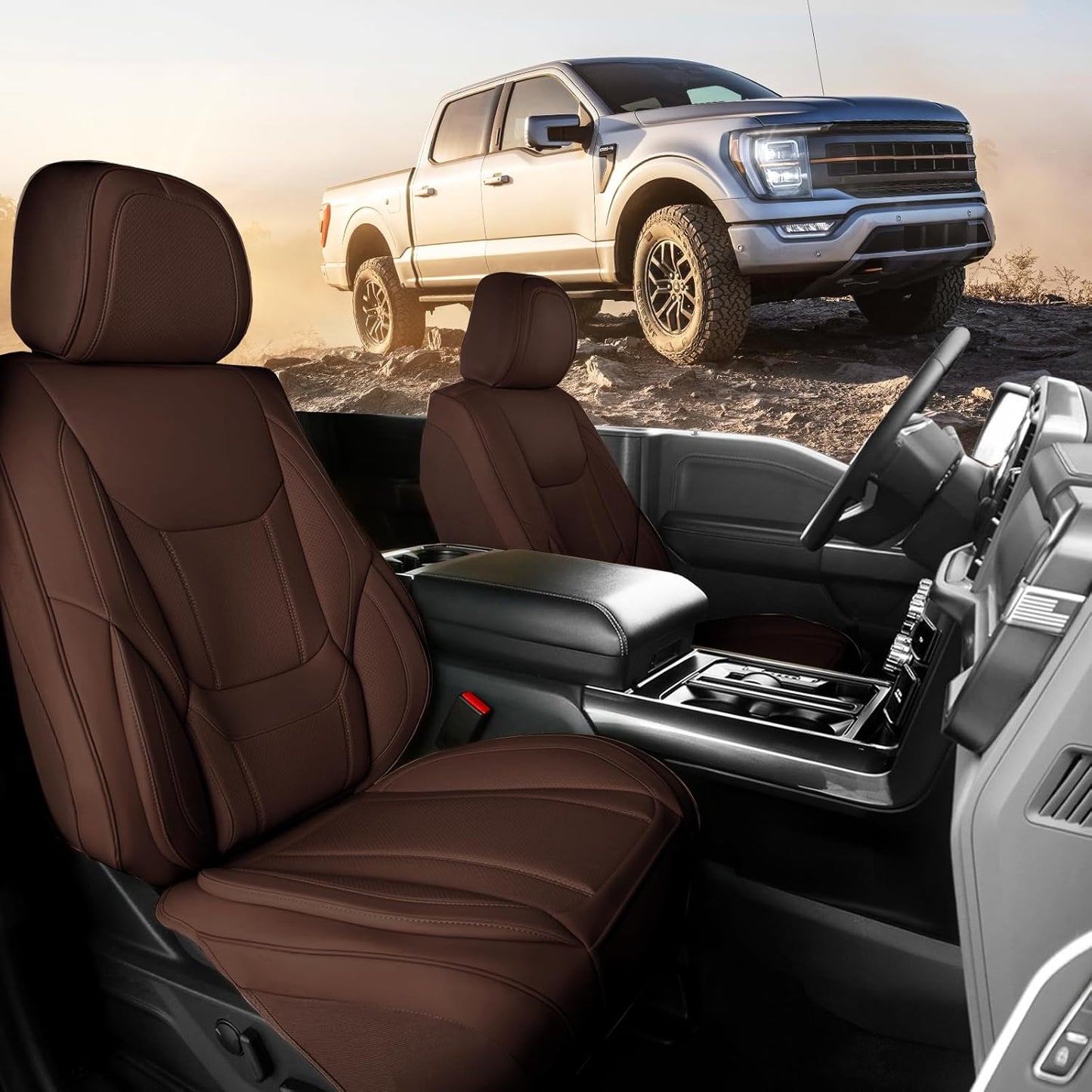 Coverland Custom Car Seat Covers Compatible with Ranger, Titan, Ram 1500 - Premium Leather Non-Slip Memory Foam Waterproof Custom Fit Interior Protector Front Seat-Dark Brown [See Size Chart-Size A20]