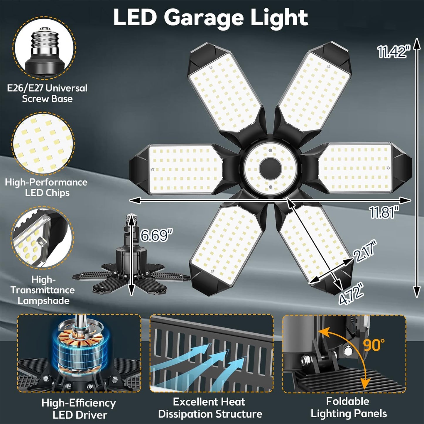 LED Garage Light Super Bright 15000LM LED Shop Lights 6500K Garage Lighting, 360° & 180°Adjustable Basement Lights with 6 Deformable Panels Screw in E26/E27 Socket for Workshop Storage Barn Attic