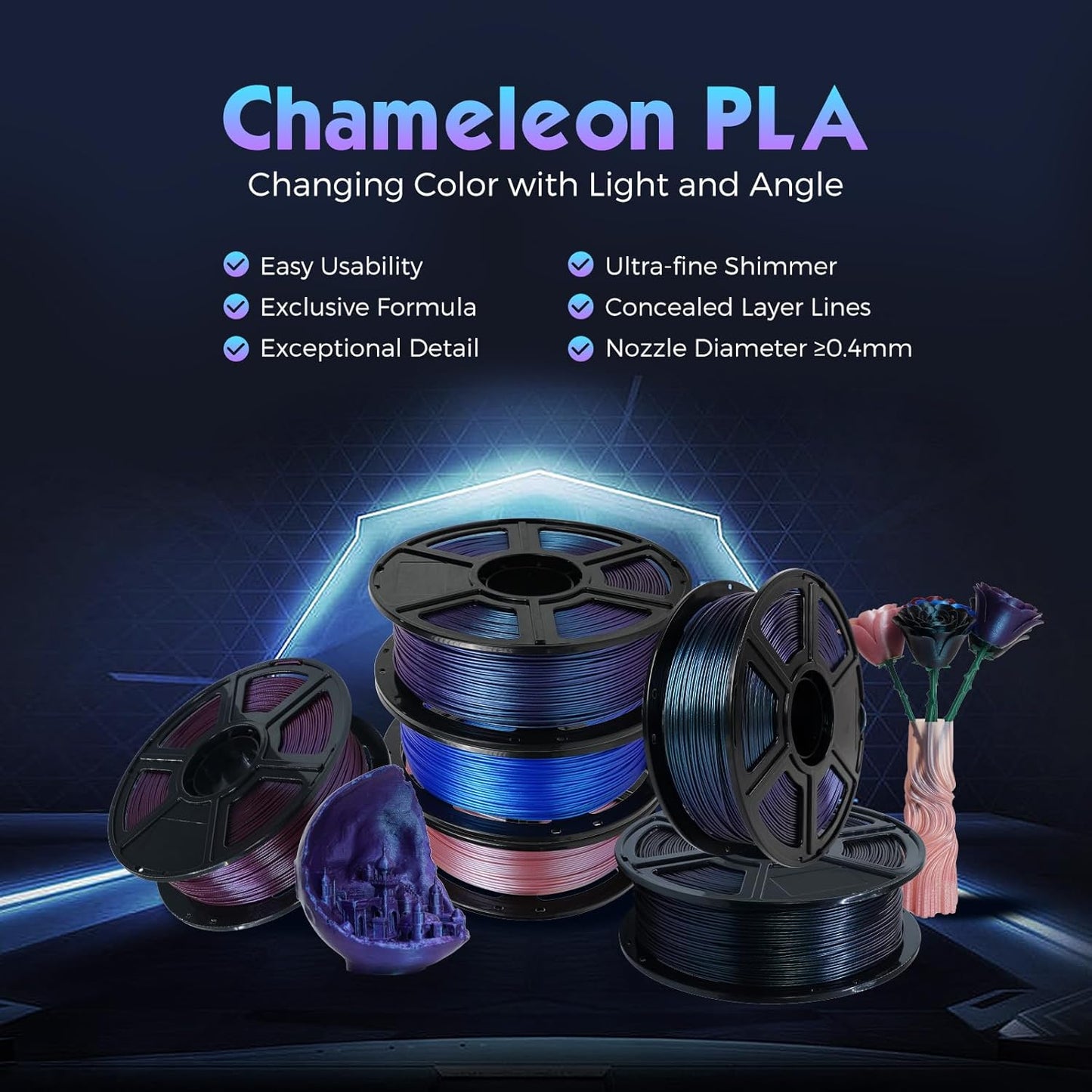 FLASHFORGE PLA Filament 1.75mm +/- 0.02mm Upgraded Nebula Purple, Color Changeable 3D Printer Filament 1kg, Chameleon 3D Printing Filament Changing Colors with Light, Perfectly Conceals Layer Lines