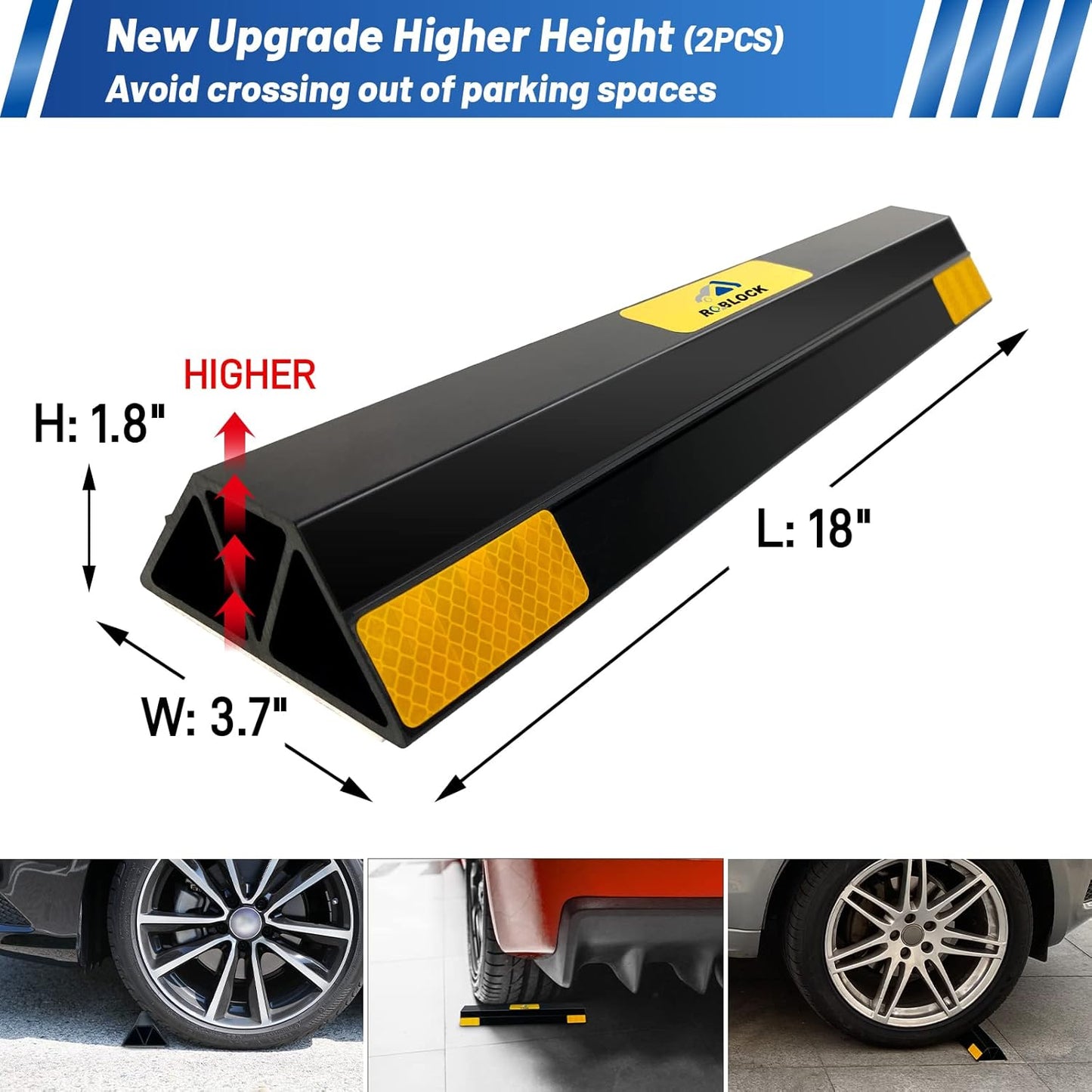ROBLOCK New Updated 18" 2 PCS Heavy Duty Car Stopper for Garage, 1.8" Higher Parking Aid Gadgets Protects Car, Parking Stopper Easy to Install 18" L x 3.7" W x 1.8" H, 2 Packs
