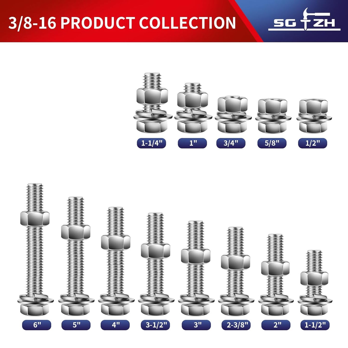 3/8-16 x 2-3/8" Hex Head Screw Bolt, Nuts, Flat & Lock Washers, 10Pcs 18-8 (304) Stainless Steel, Fully Threaded, by SG TZH