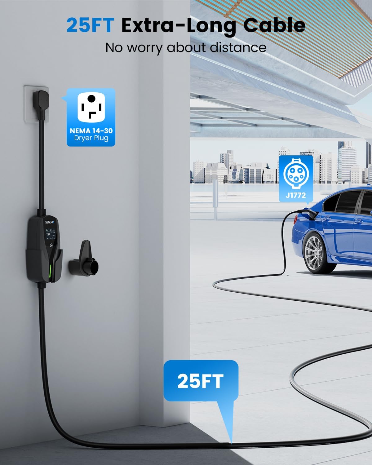 NEMA 14-30 Level 2 EV Charger, Electric Vehicle Portable Charger with 24A 240V 25FT Cable, Adjustable Current (10-24A), Home MobileEV Charging Station with 4-Prong Dryer Plug for J1772 Electric Cars